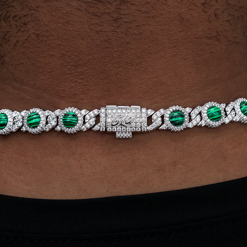 10mm Iced Halo Cuban Chain with Malachite in White Gold
