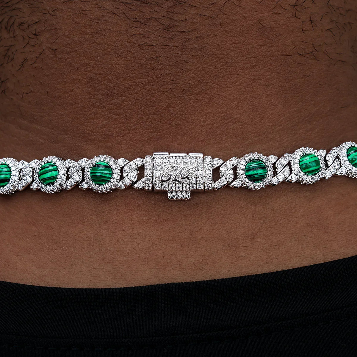 10mm Iced Halo Cuban Chain with Malachite in White Gold