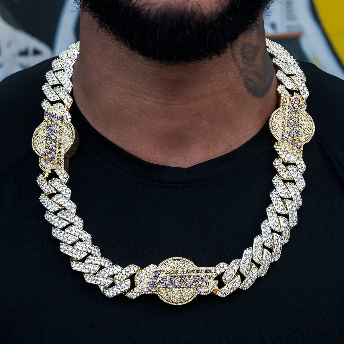 Los Angeles Lakers Official NBA Diamond Prong Cuban Chain in Yellow Gold- 25mm