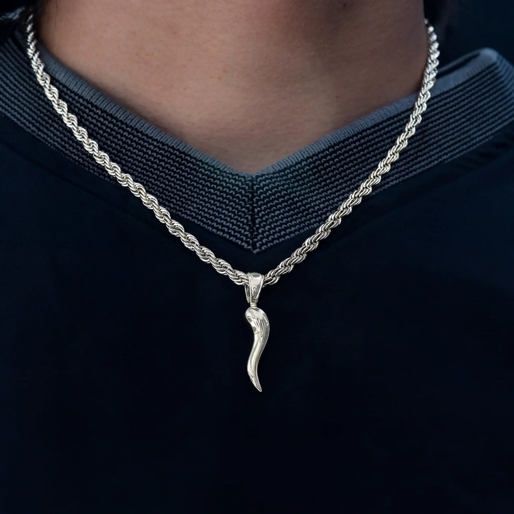 Italian Horn Pendant + 4MM Rope Chain Bundle in White Gold