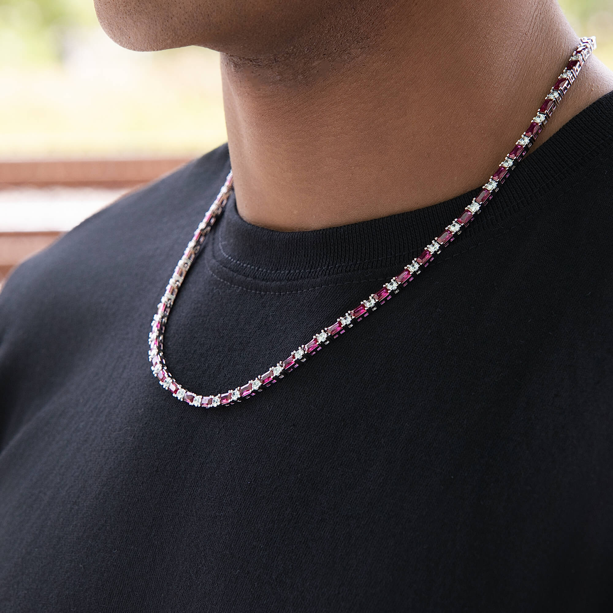 Ruby Baguette Tennis Chain in White Gold - 4MM