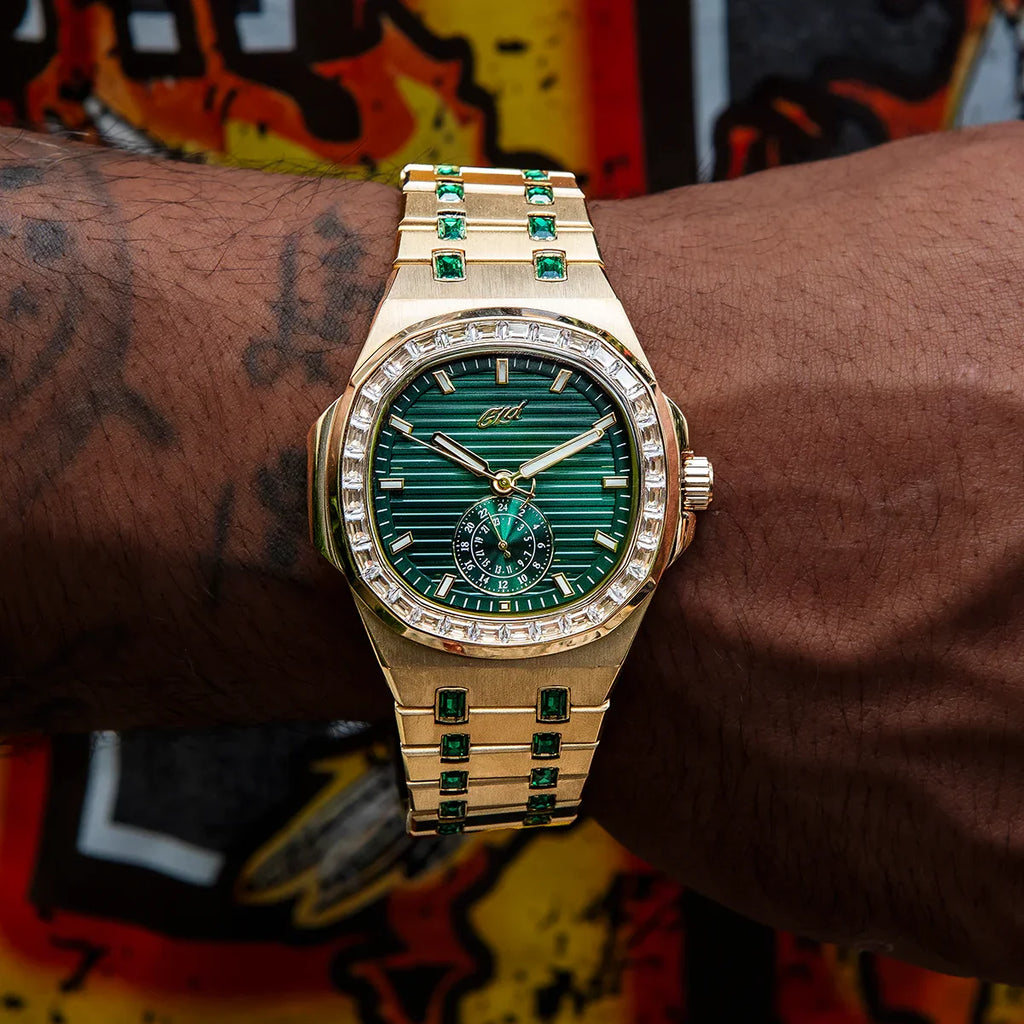 39MM Visionary Iced Emerald Stone Band Watch - Yellow Gold