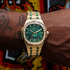 39MM Visionary Iced Emerald Stone Band Watch - Yellow Gold