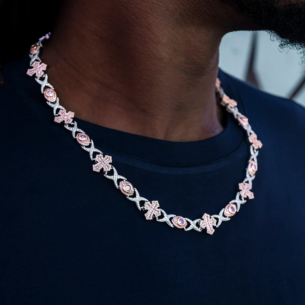 Baguette Cross Evil Eye Chain in Rose Gold - 16mm