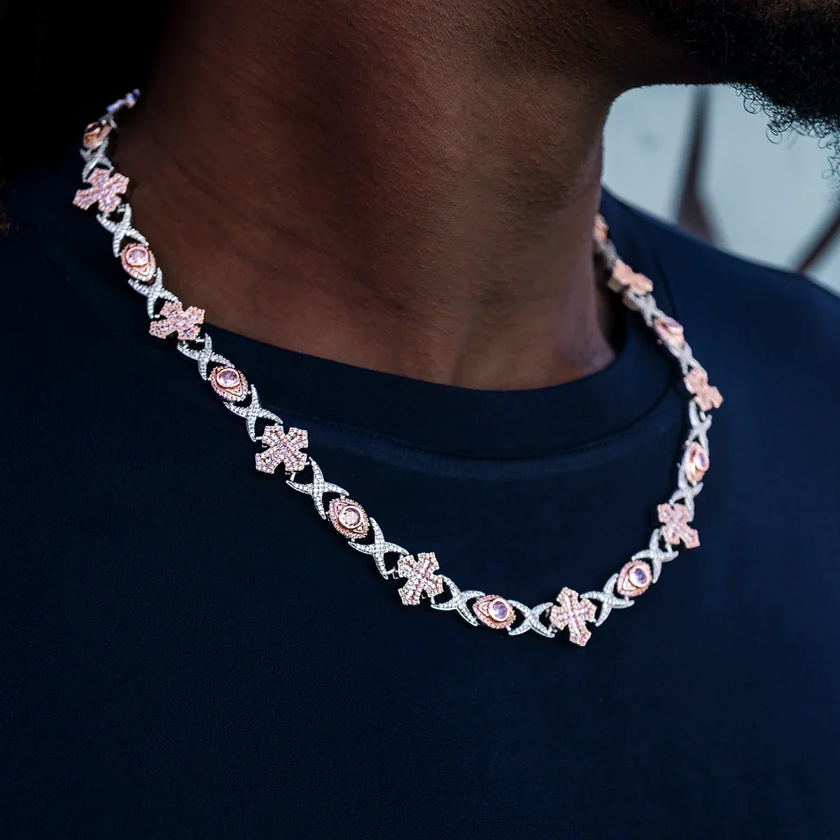 Baguette Cross Evil Eye Chain in Rose Gold - 16mm