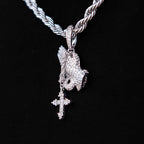 Micro Iced Praying Hands with Cross Pendant in White Gold