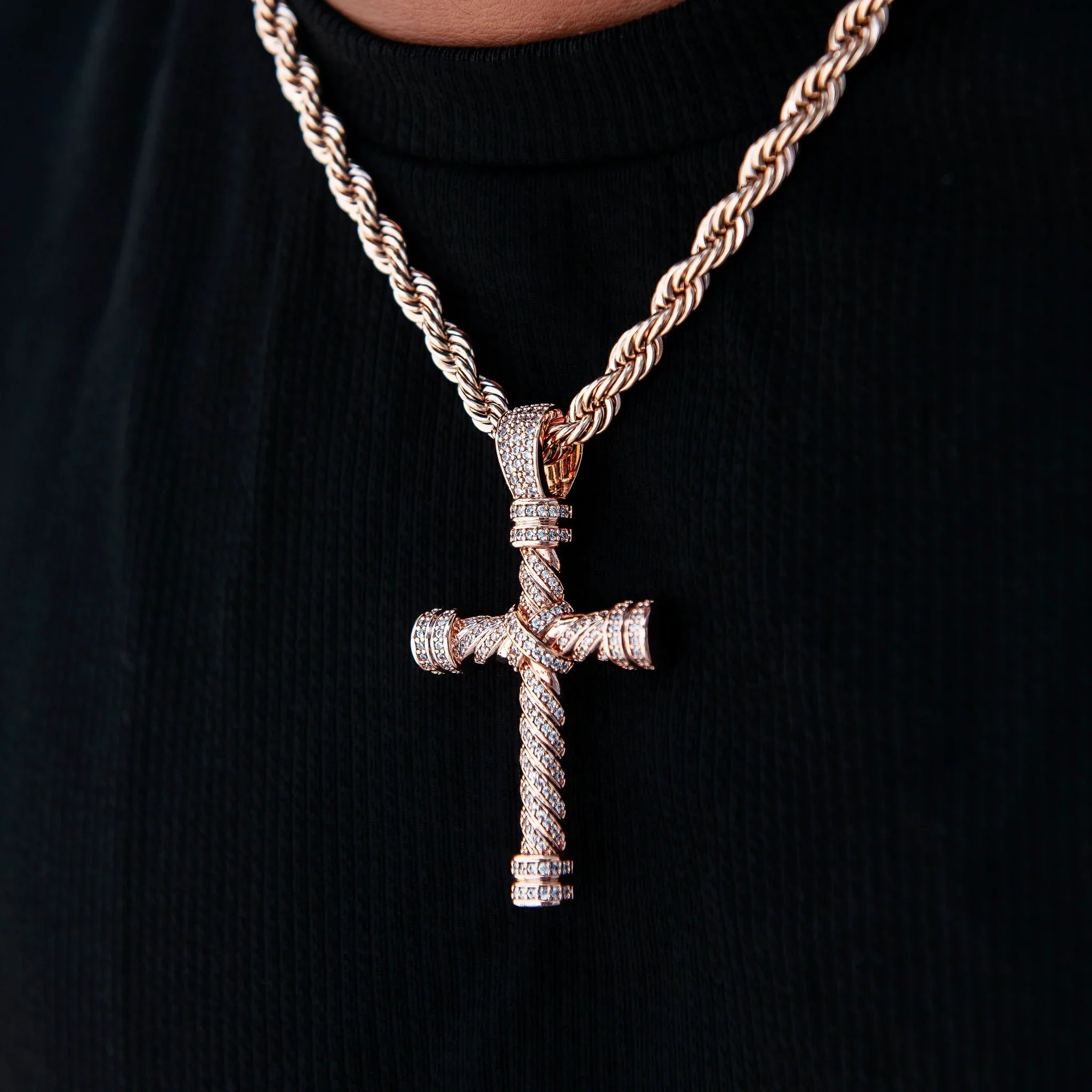 Diamond Rope Cross Pendant in Rose Gold