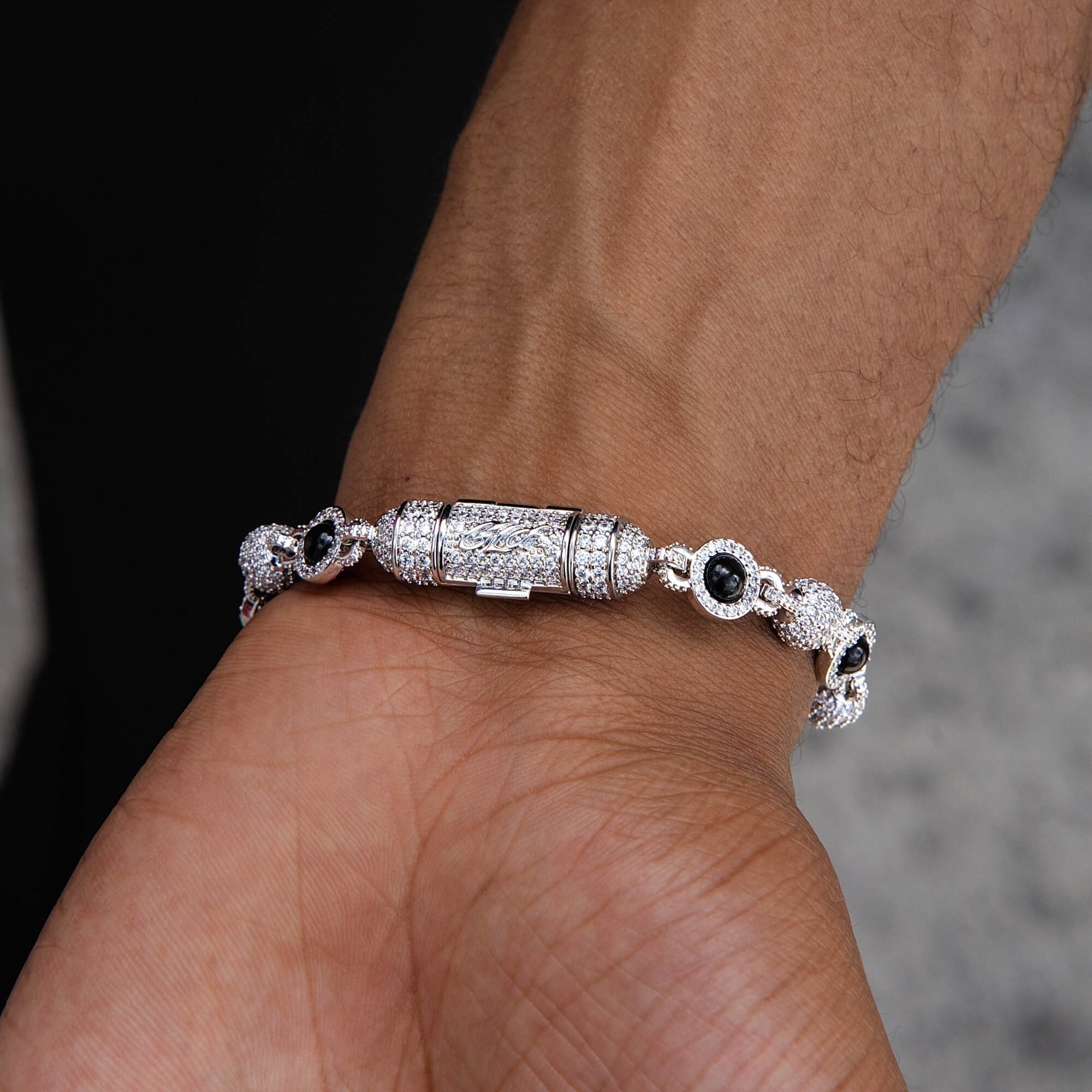 Iced Black Pearl Ball Chain Bracelet in White Gold