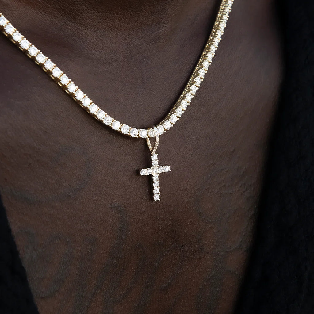 Men's Moissanite Diamond Cross Micro Pendant in Yellow Gold Vermeil