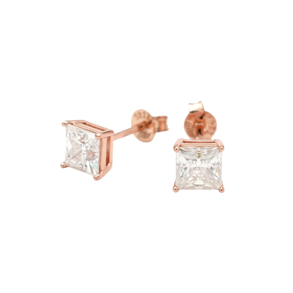 Moissanite Square Cut Diamond Stud Earring in Rose Gold Vermeil - 5mm