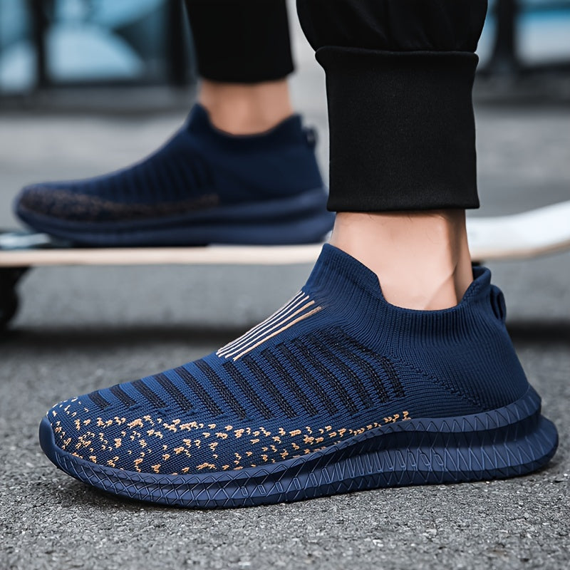 Men's Trendy No Tie Lace Free Breathable Knit Sneakers With Assorted Colors, Casual Outdoor Walking Running Shoes