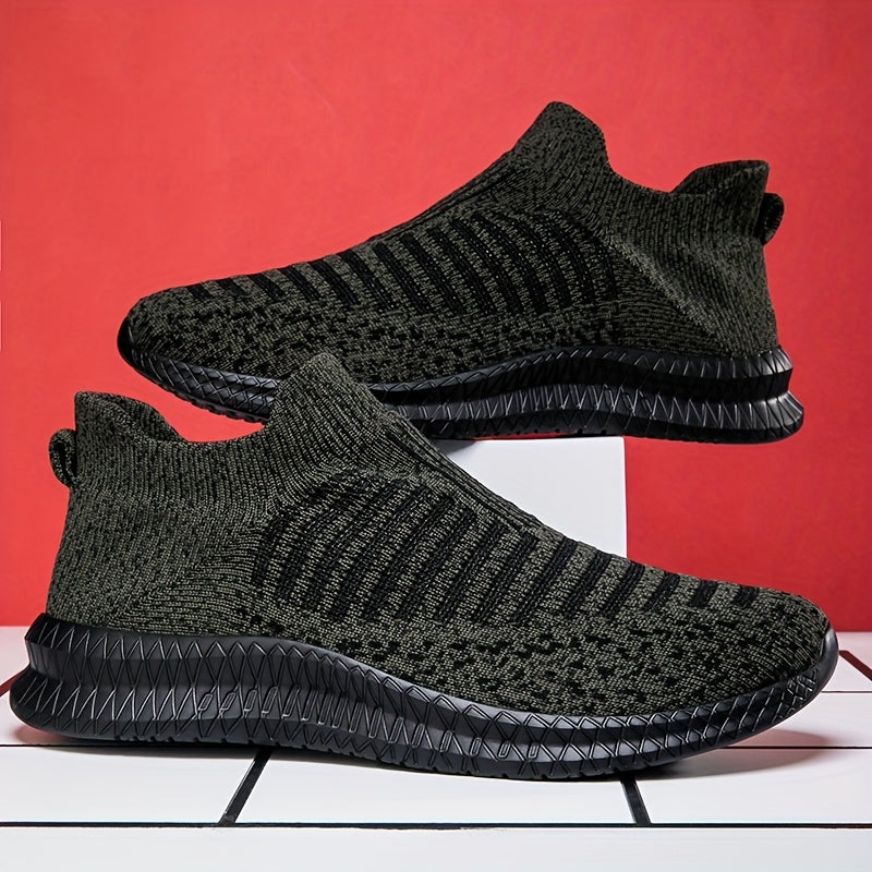 Men's Trendy No Tie Lace Free Breathable Knit Sneakers With Assorted Colors, Casual Outdoor Walking Running Shoes