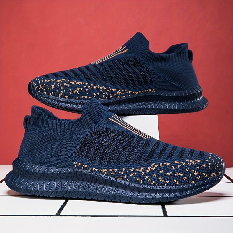 Men's Trendy No Tie Lace Free Breathable Knit Sneakers With Assorted Colors, Casual Outdoor Walking Running Shoes