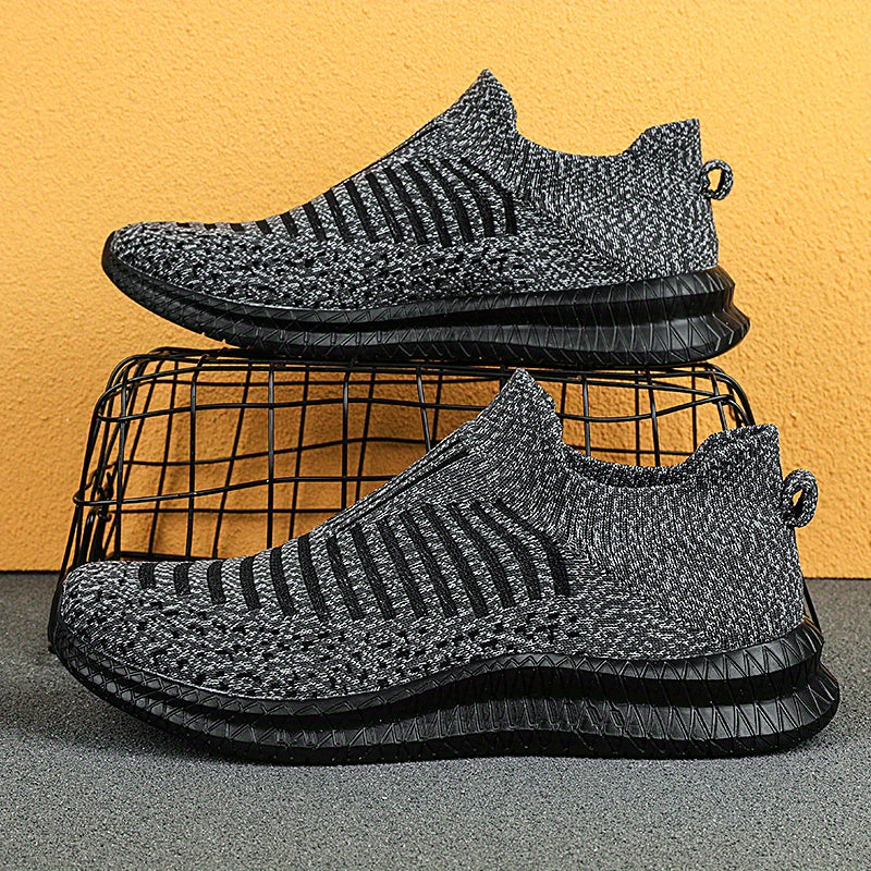 Men's Trendy No Tie Lace Free Breathable Knit Sneakers With Assorted Colors, Casual Outdoor Walking Running Shoes