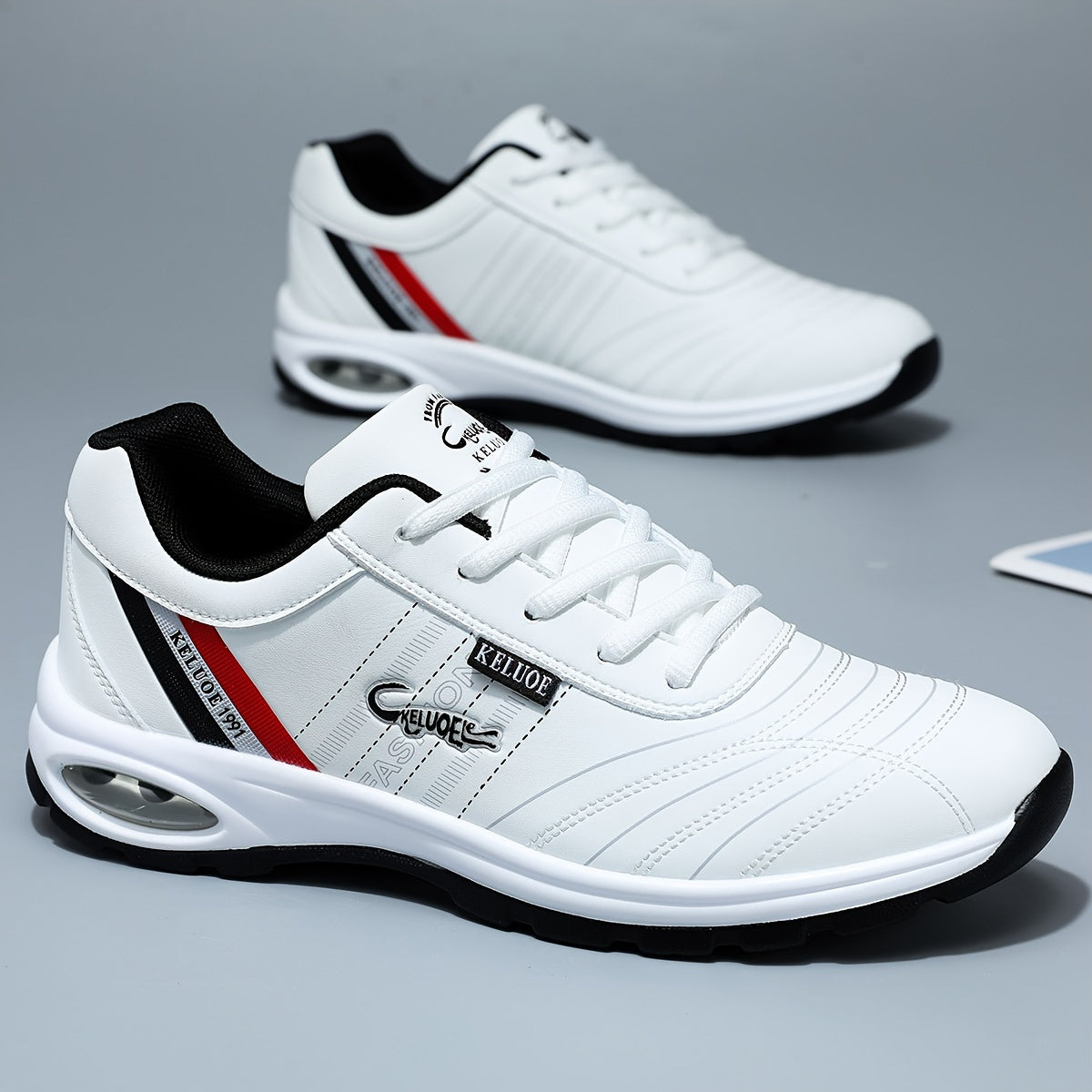 Men's Casual PU Leather Sneakers, Windproof Lace-up Shoes With Fabric Uppers For Outdoor Walking Running, Spring Summer Autumn