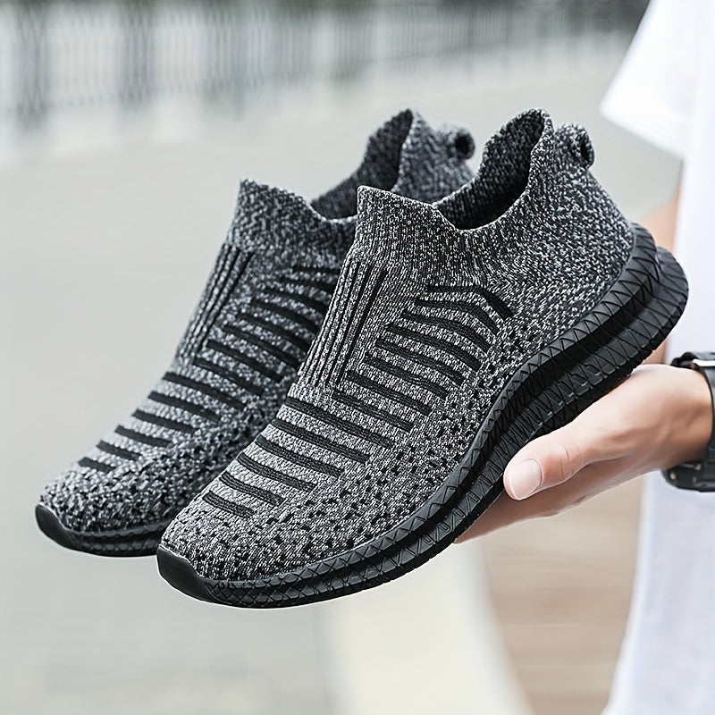 Men's Trendy No Tie Lace Free Breathable Knit Sneakers With Assorted Colors, Casual Outdoor Walking Running Shoes