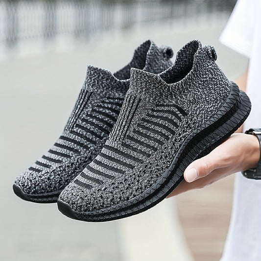 Men's Trendy No Tie Lace Free Breathable Knit Sneakers With Assorted Colors, Casual Outdoor Walking Running Shoes