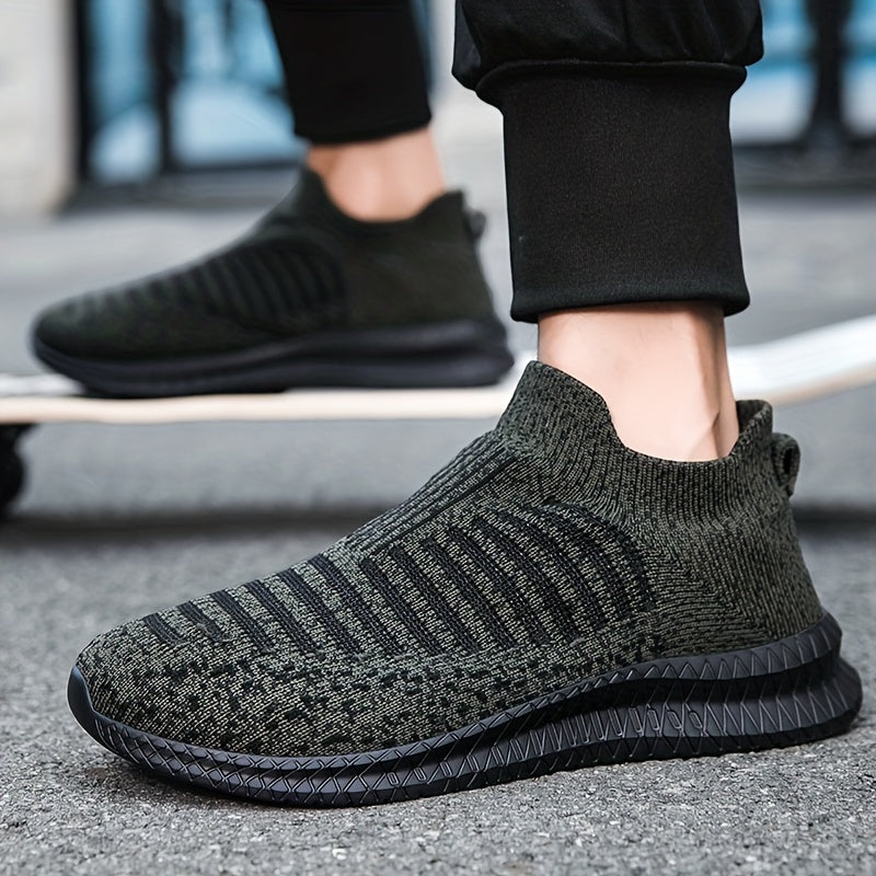 Men's Trendy No Tie Lace Free Breathable Knit Sneakers With Assorted Colors, Casual Outdoor Walking Running Shoes